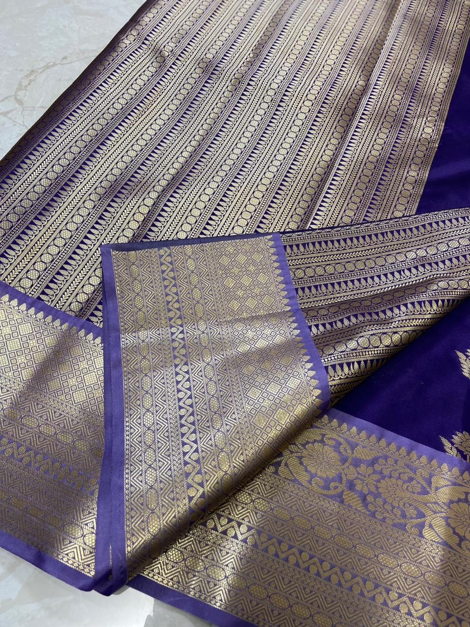Banarasi Katan Silk Saree with Kanchi Border & Double Zari Butti Design